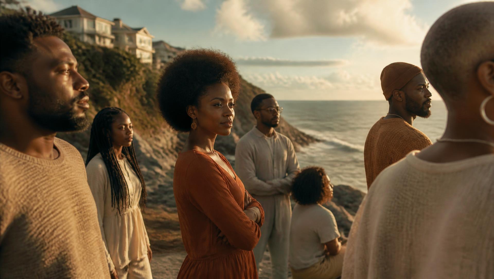Members of the African diaspora gathered on a coastline at golden hour